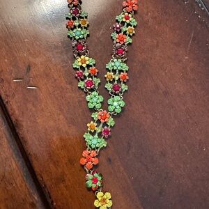 Michal Negrin Floral Y Necklace  Multi colored Rhinestones and enameled Flowers